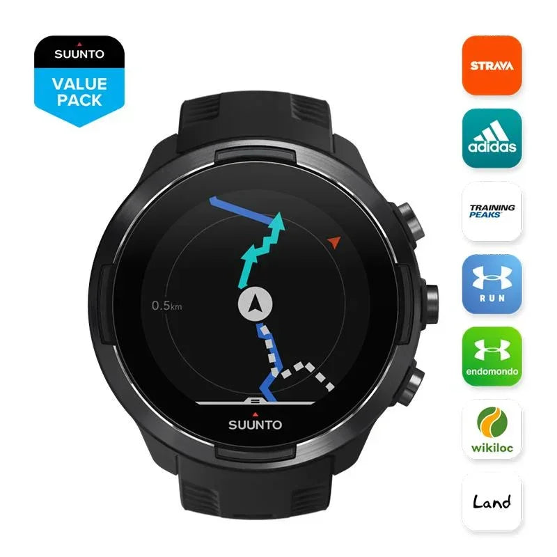 Smartwatch navigation display with route map and app ecosystem logos including Strava, Adidas, and Under Armour