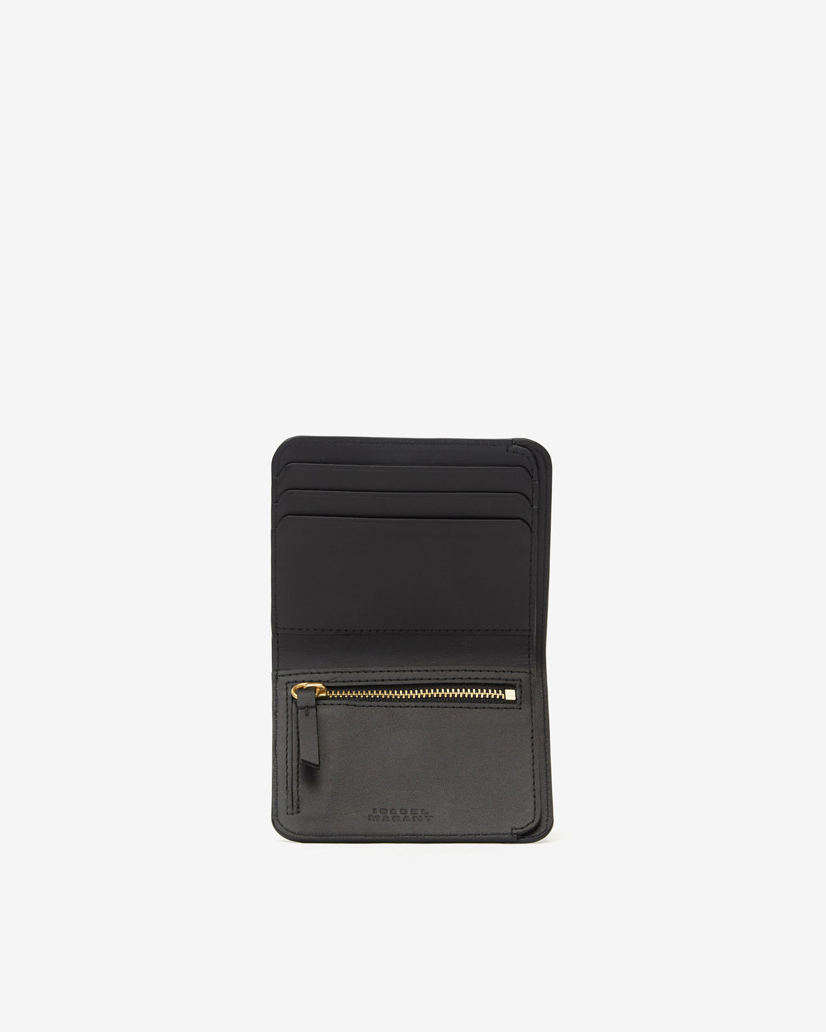Black card holder wallet interior showing card slots and gold zip pocket