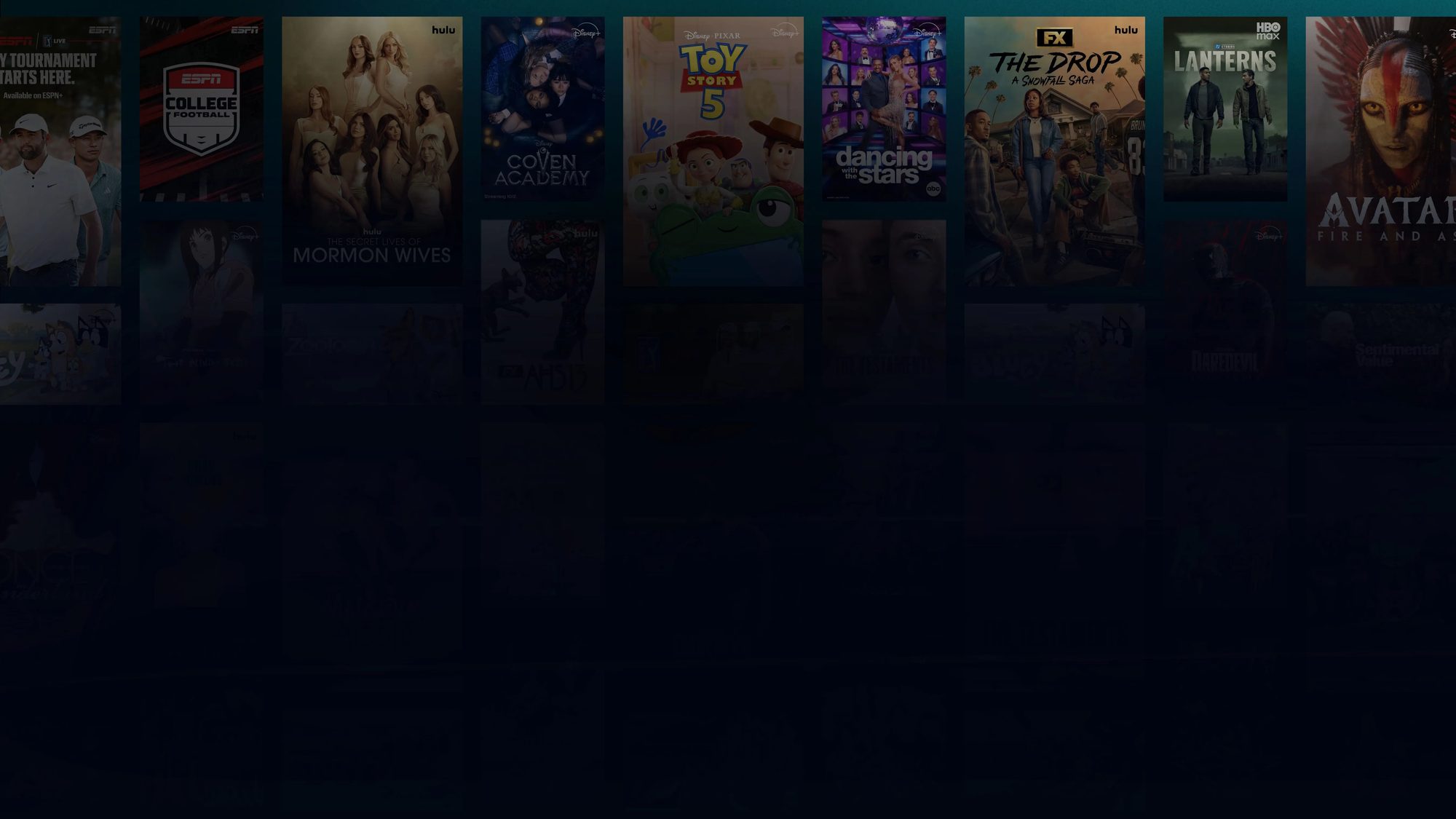 Disney+ streaming interface showing content tiles including Toy Story 5, The Coven Academy, Mormon Wives, Dancing with the Stars, The Drop, Lanterns, and Avatar