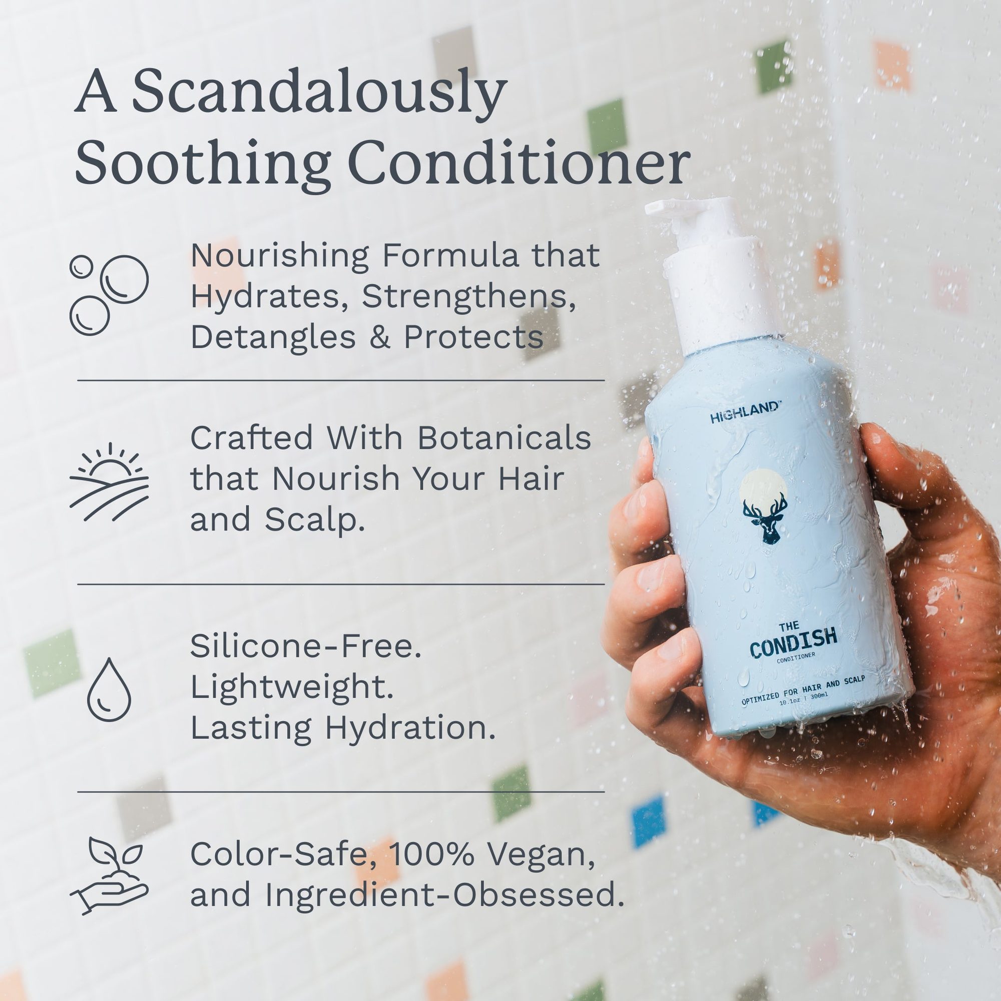 Light blue bottle of hair conditioner held in hands under running water with colored confetti pieces in background