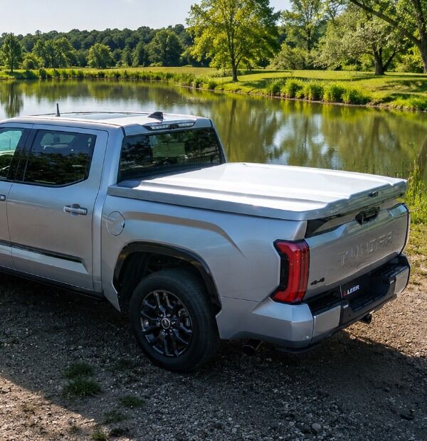 Silver pickup truck with white tonneau cover parked by river with trees reflected in water