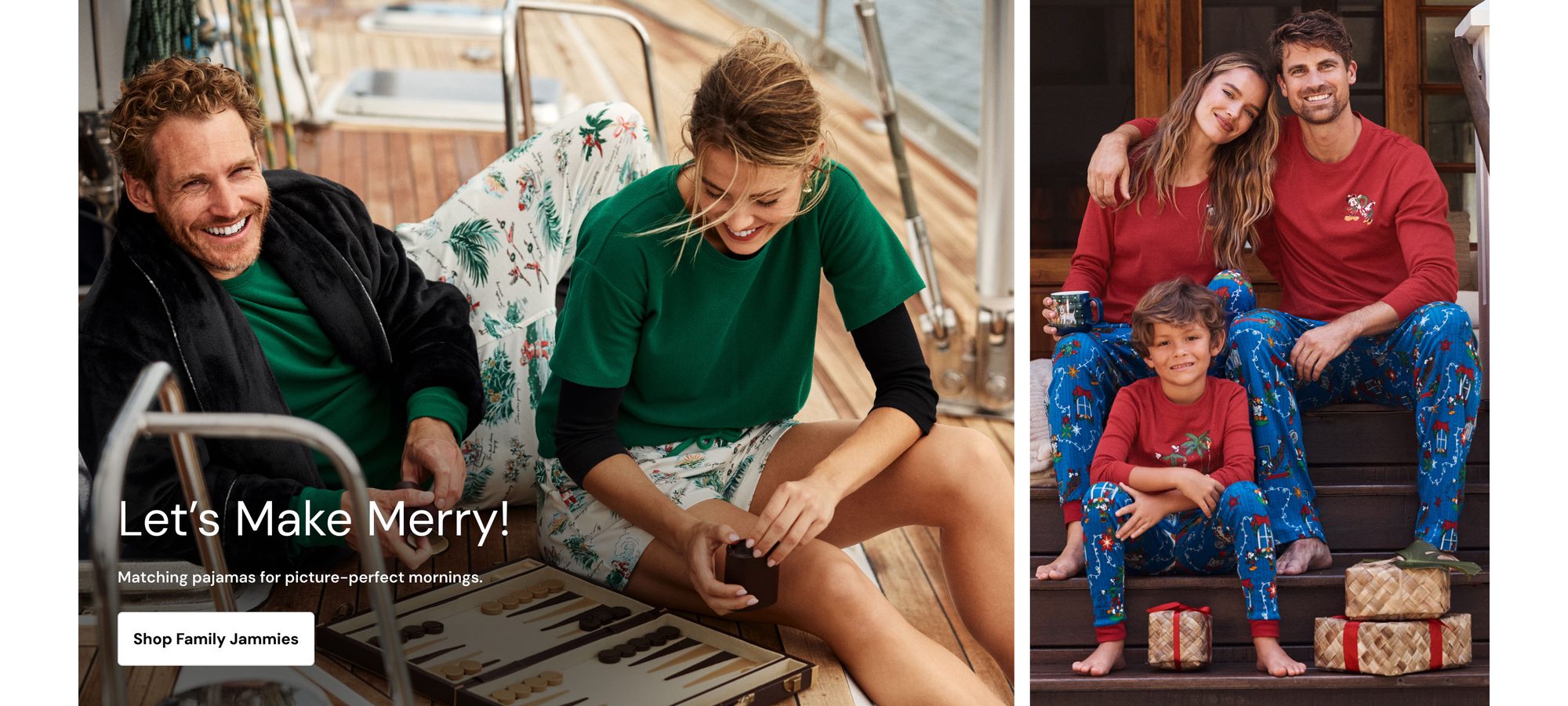 Family in matching green and floral pajamas relaxing on a boat deck