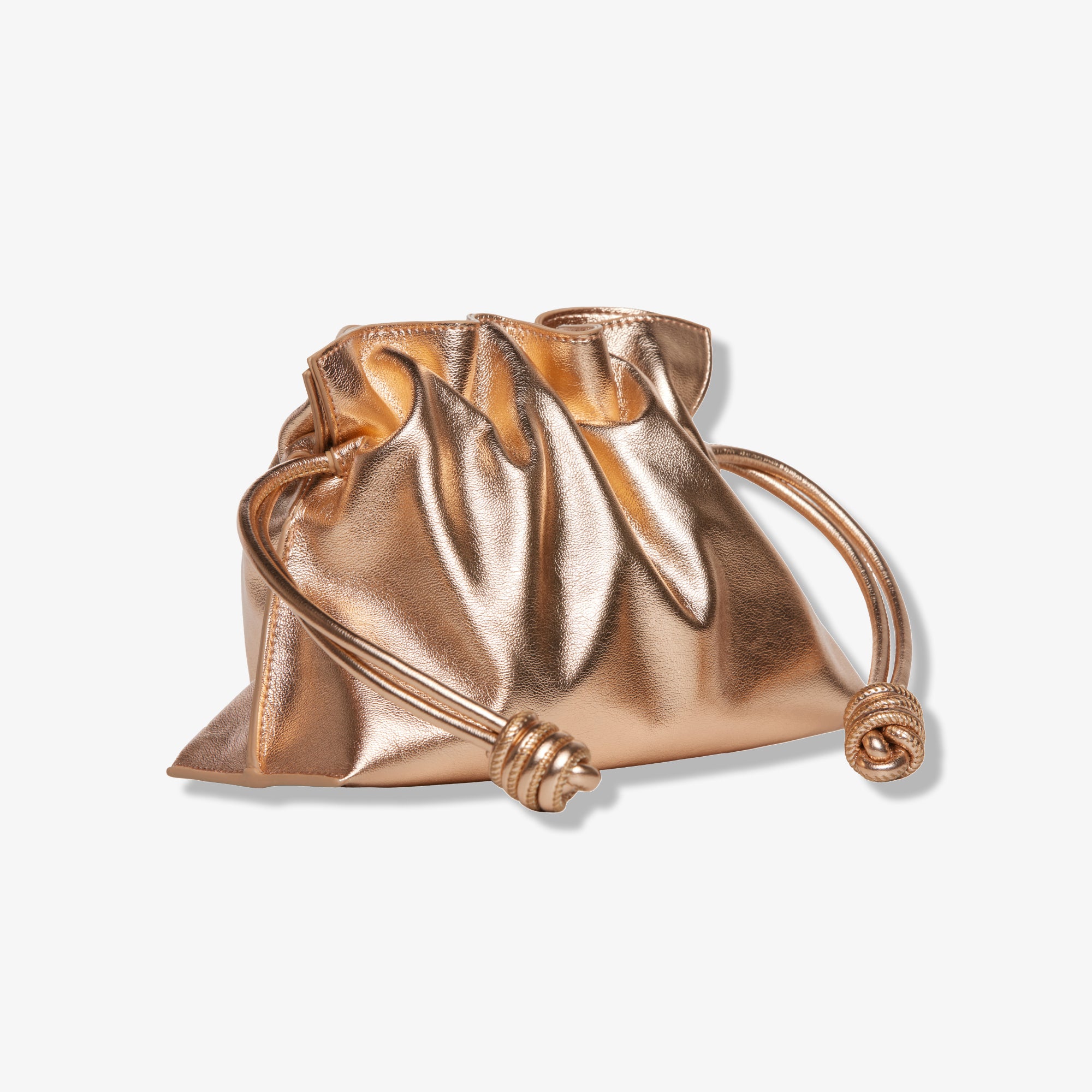 Rose gold metallic leather bucket bag with gathered top and braided drawstring handles
