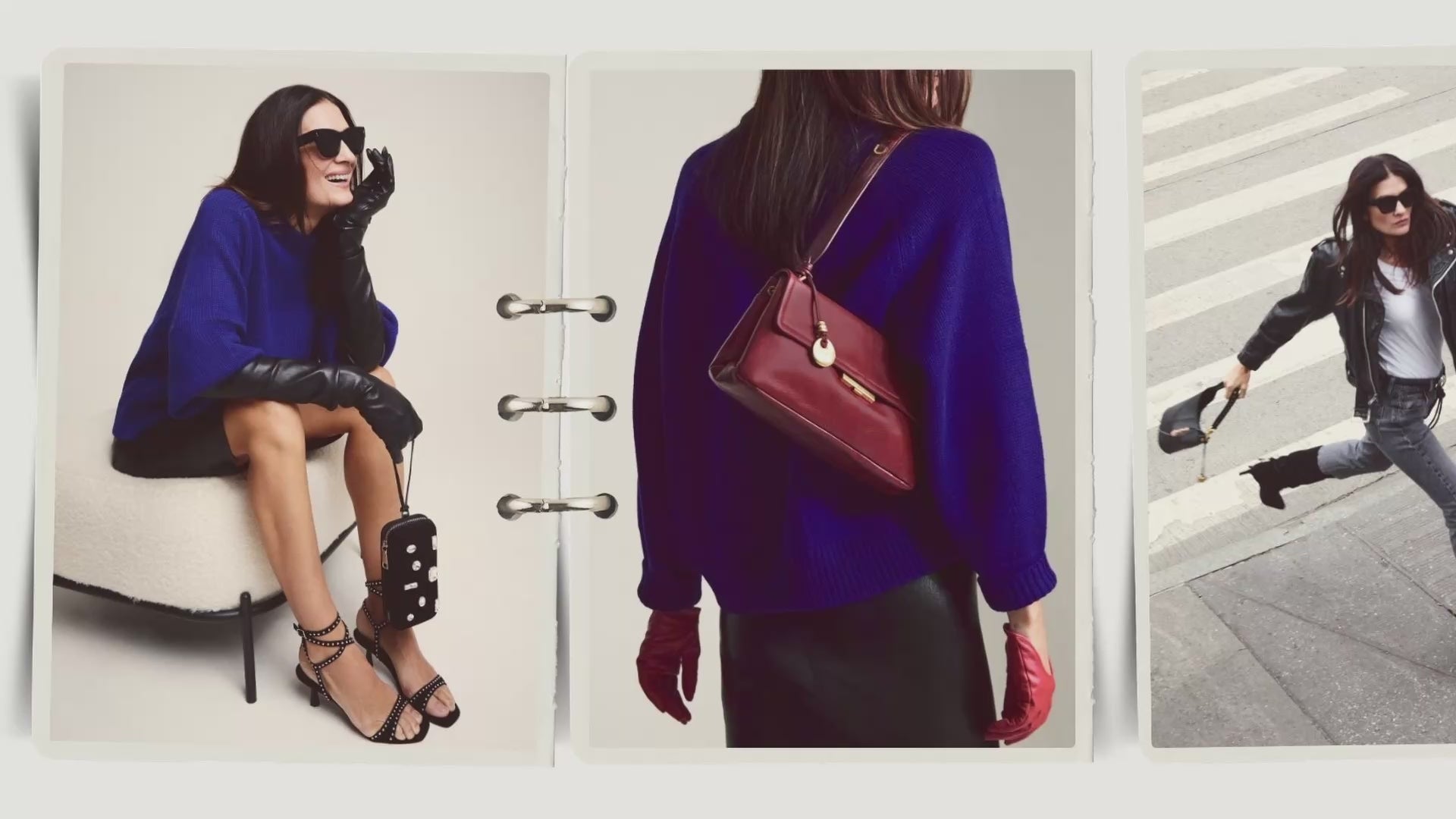 Back view of woman wearing purple sweater with burgundy shoulder bag and red gloves