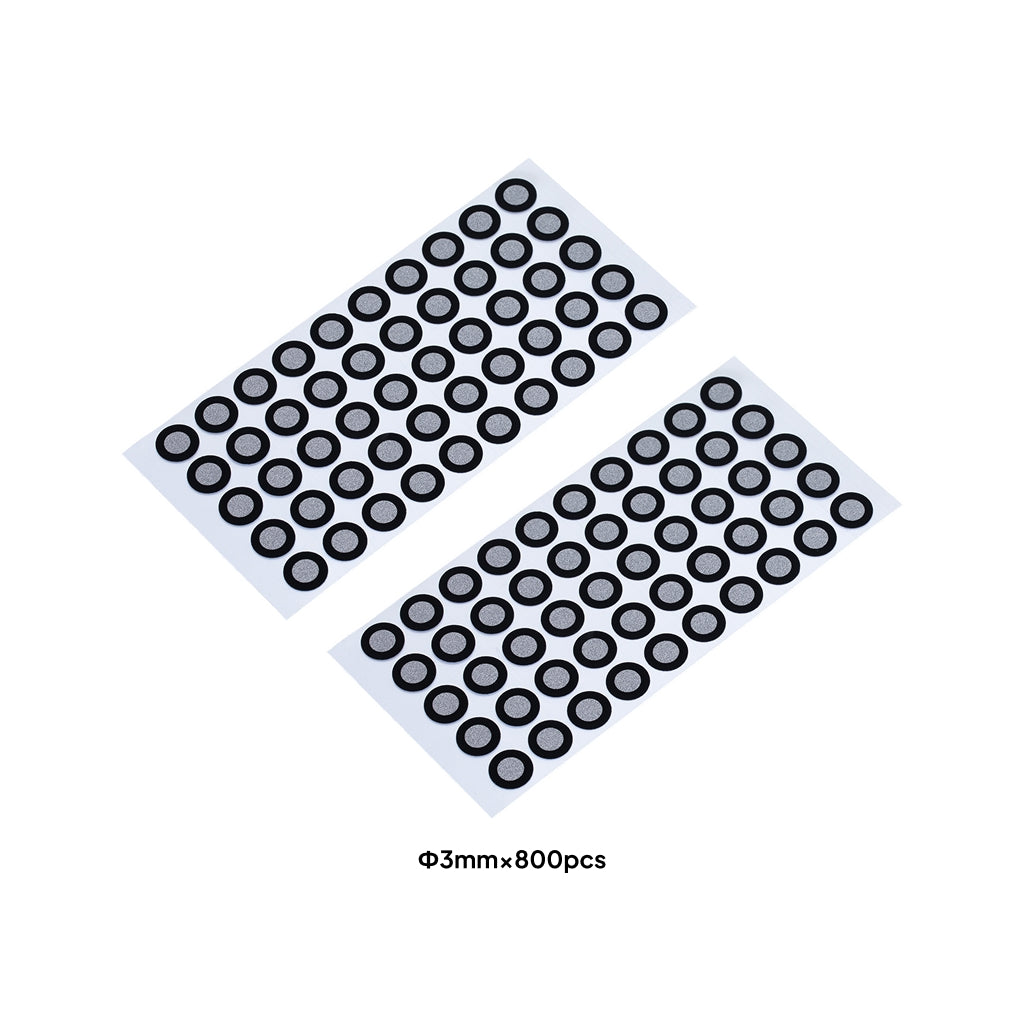 Two sheets of 3mm diameter circular rubber gaskets, 800 pieces total, arranged on white backing