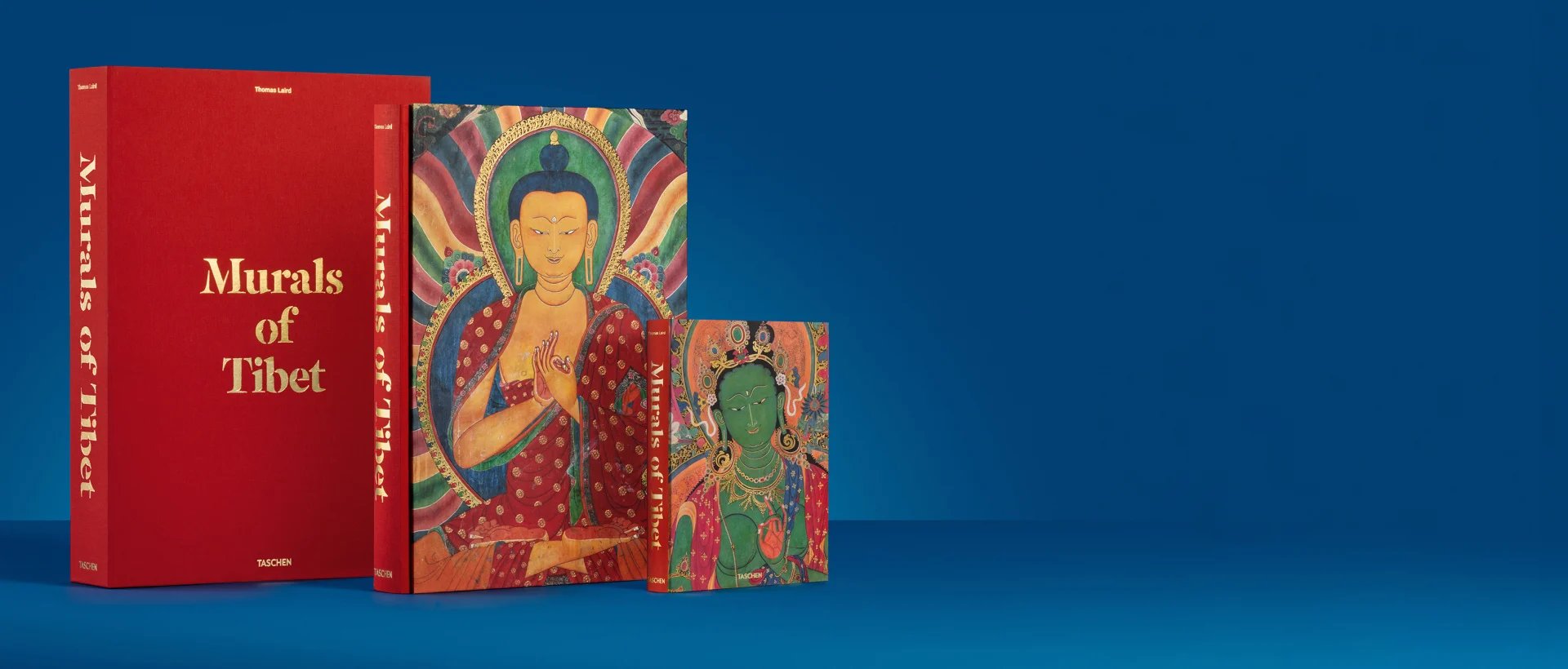 Red and colorful Tibetan art books displayed together, showcasing Buddhist religious figures and traditional mural illustrations on covers