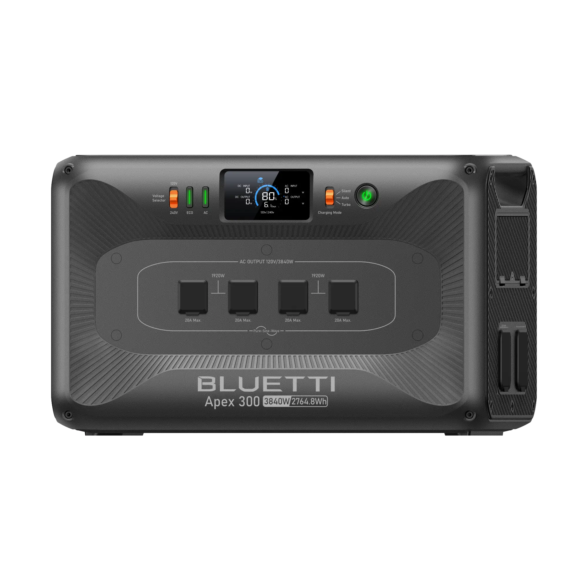 Portable power station front view with digital screen displaying power output and four AC outlets