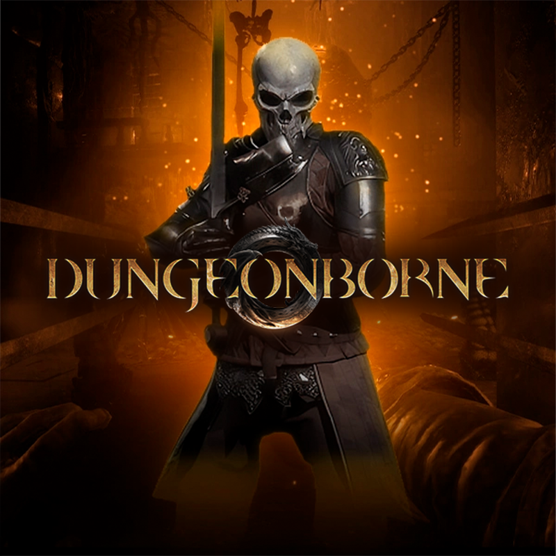 Dungeonborne game poster featuring a skull-faced warrior in dark armor holding a sword