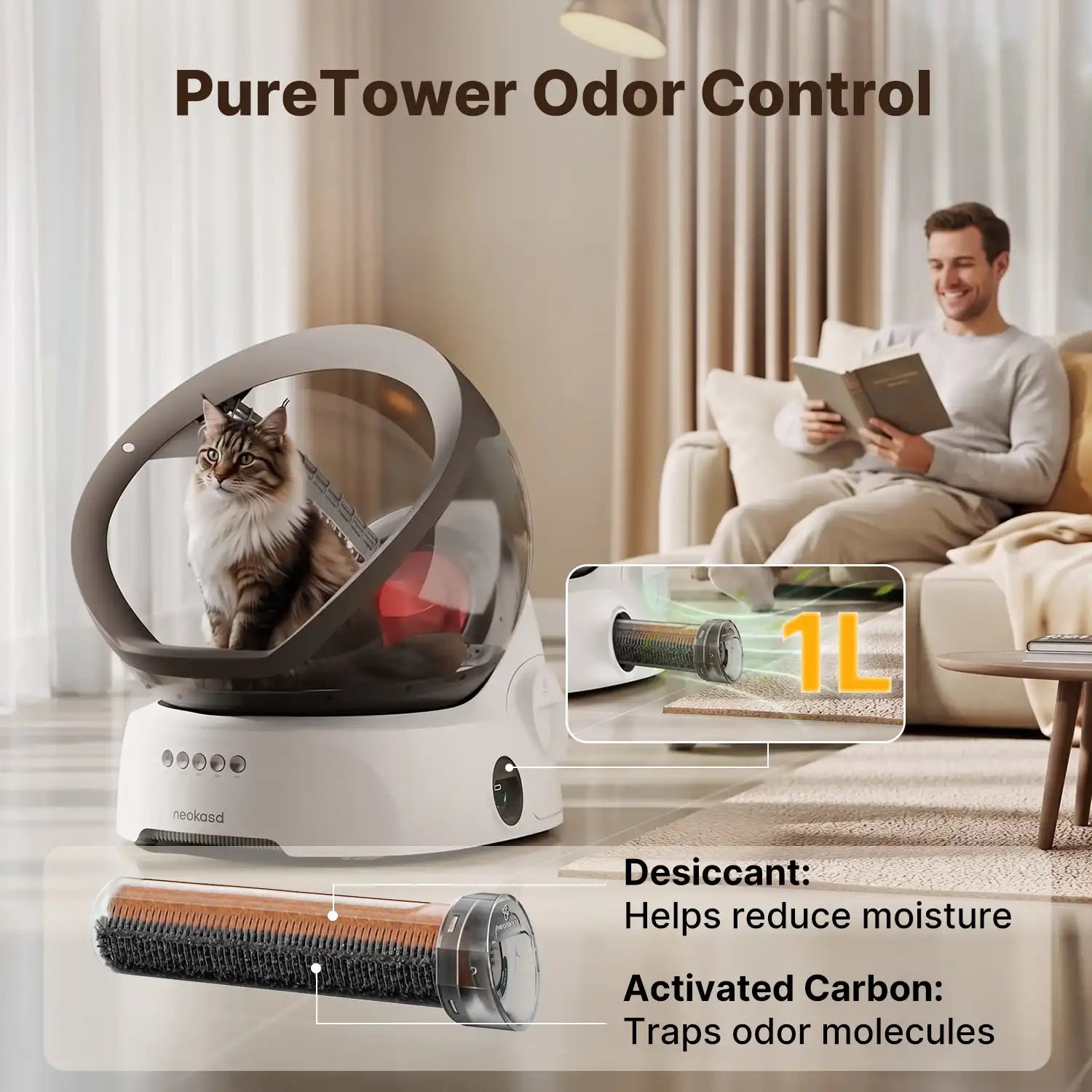 Automatic litter box with cat inside, showing 1L desiccant and activated carbon odor control filter components