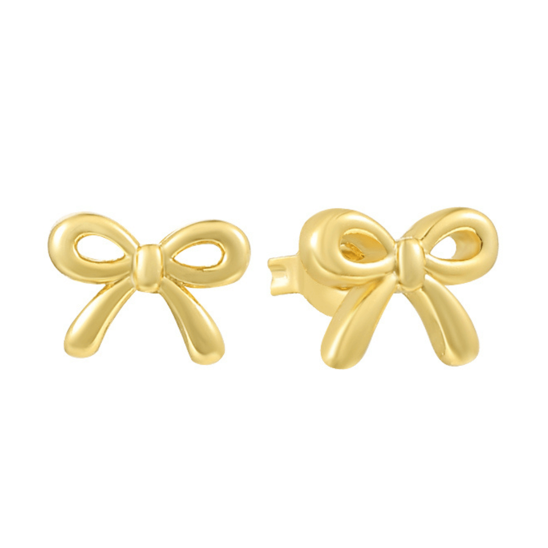 Gold bow stud earrings shown from front and back view on white background