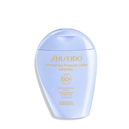 Light blue oval sunscreen lotion bottle with SPF 60+ label