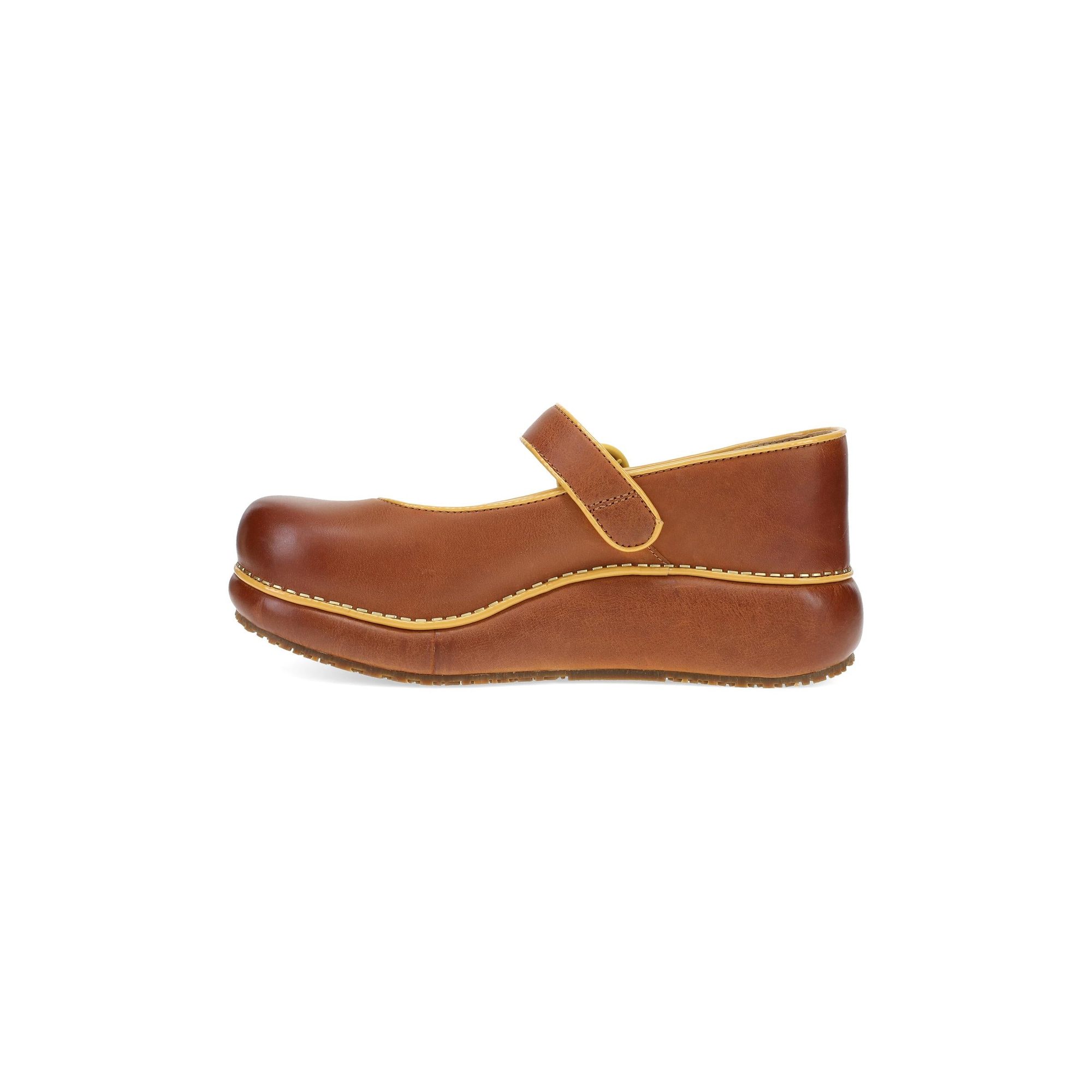 Side profile of brown leather platform clog with yellow topstitching and textured sole