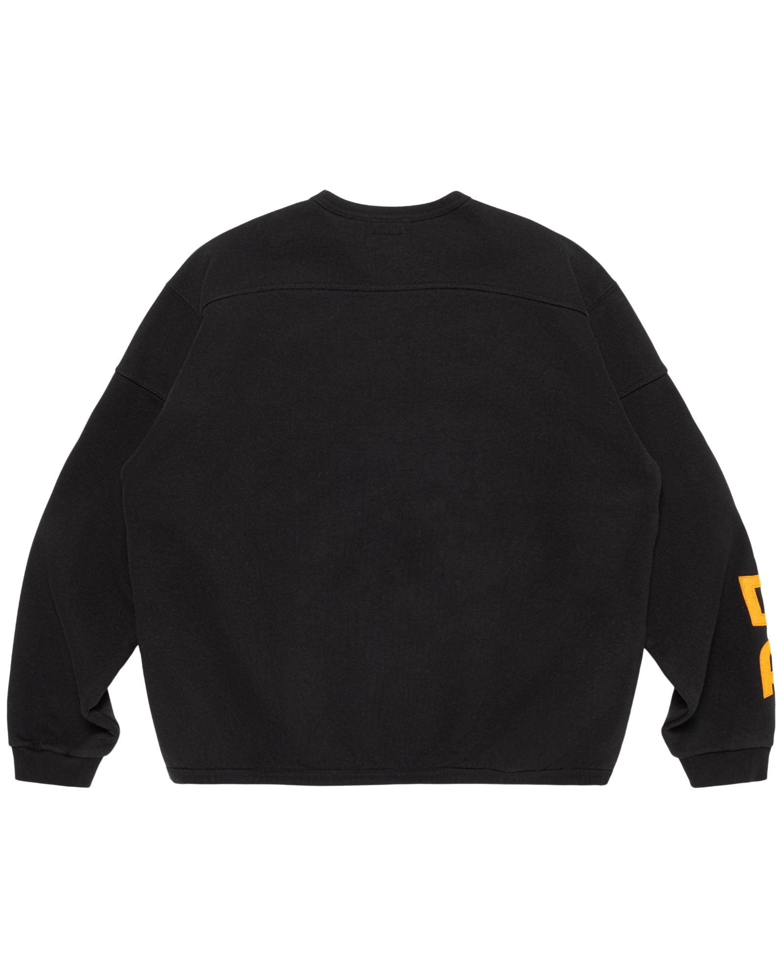 Black crewneck sweatshirt with yellow text on sleeve, shown from back view