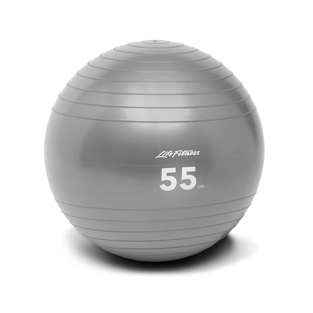 Gray exercise stability ball marked 55 cm with horizontal ribbed bands