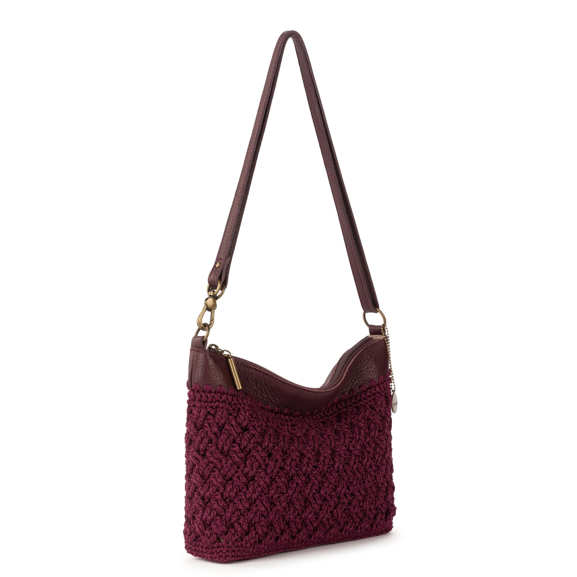 Burgundy quilted shoulder bag with long leather strap and gold hardware
