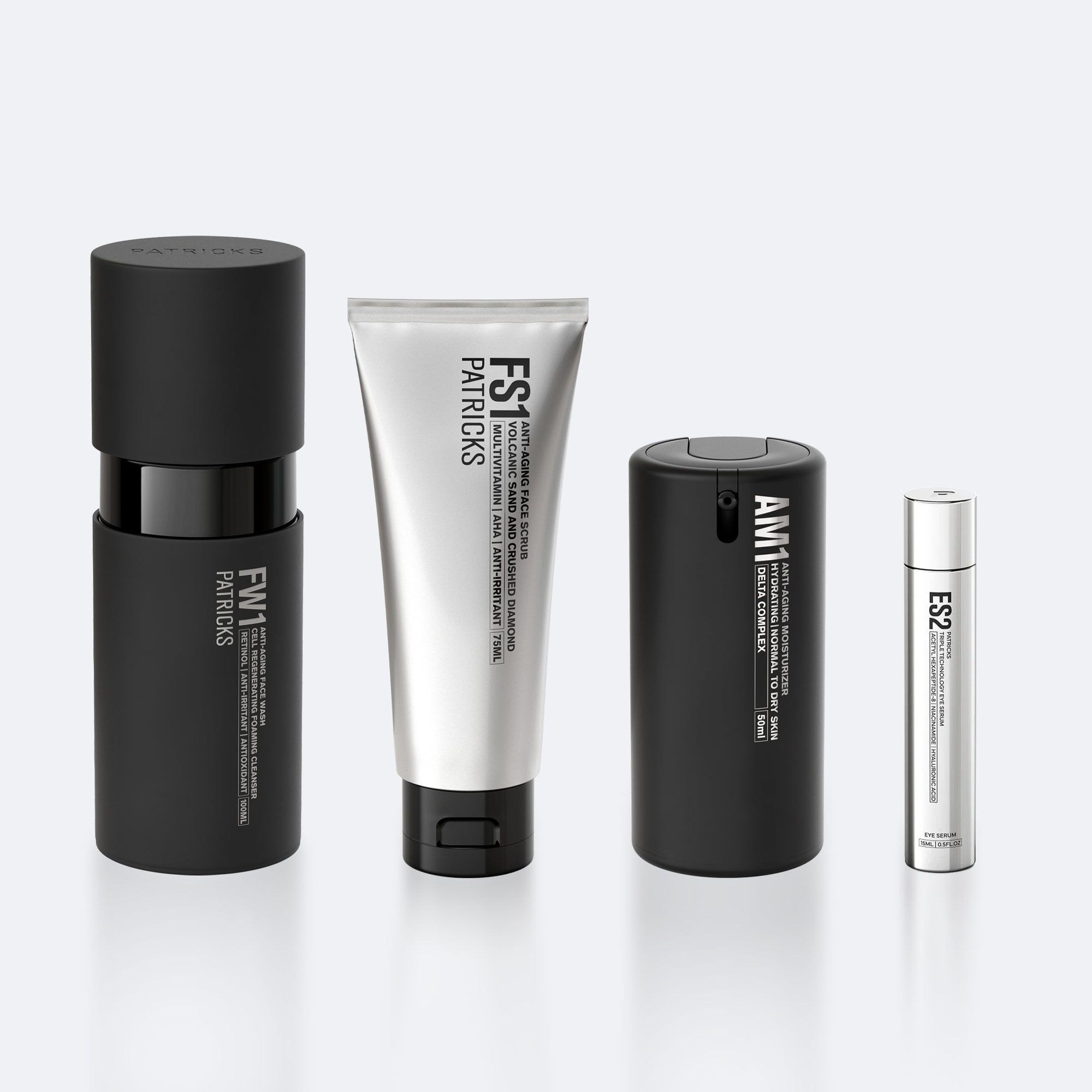 Four black and white grooming products arranged by size from left to right