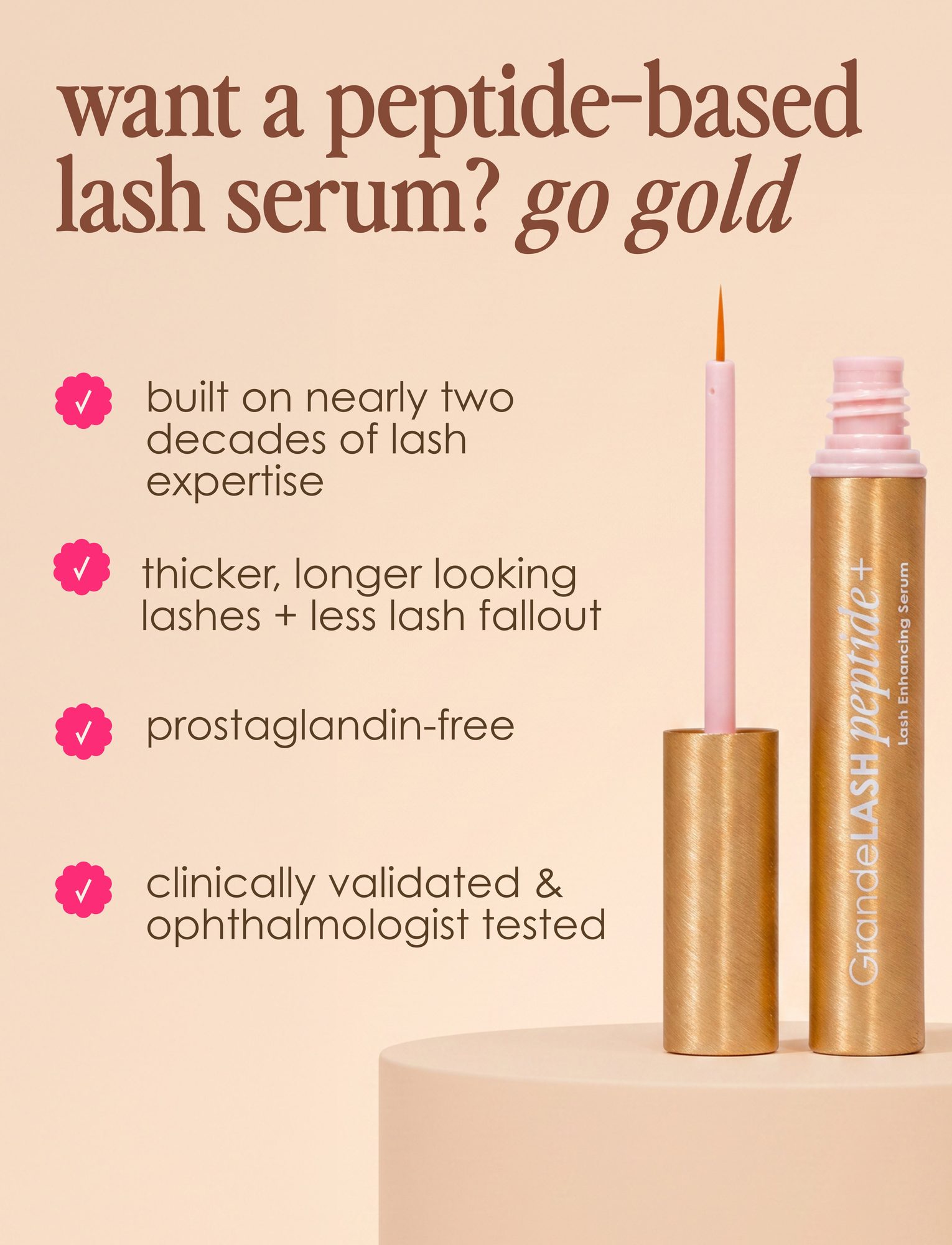 Gold lash serum bottle with pink applicator beside pink wand, highlighting peptide formula benefits and clinical validation