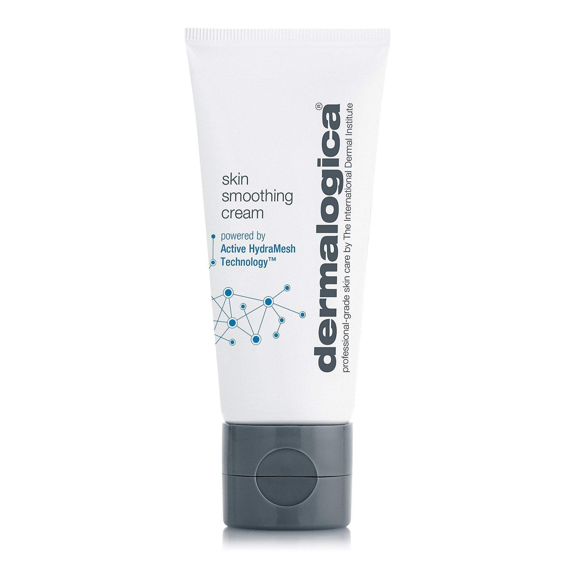 White tube of skin smoothing cream with dark gray cap and blue molecule network graphic