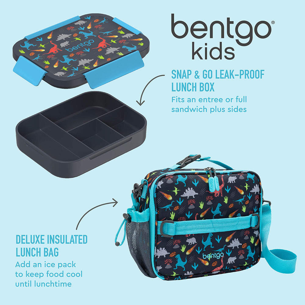 Dinosaur-patterned lunch box with blue handles shown closed and open displaying black compartmented tray inside