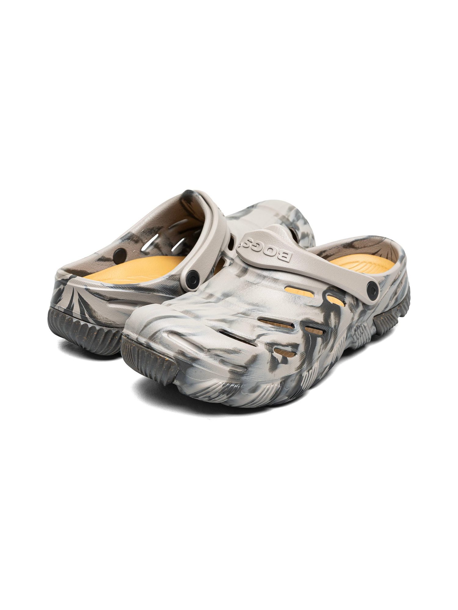 Pair of gray and white marbled clog-style shoes with yellow insoles and ventilation holes, shown from front and side angles