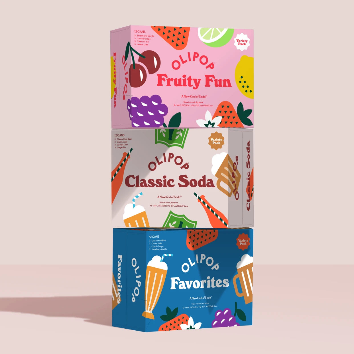 Stacked three-tier cardboard boxes for Fruity Fun, Classic Soda, and Favorites variety packs with pastel backgrounds and fruit illustrations