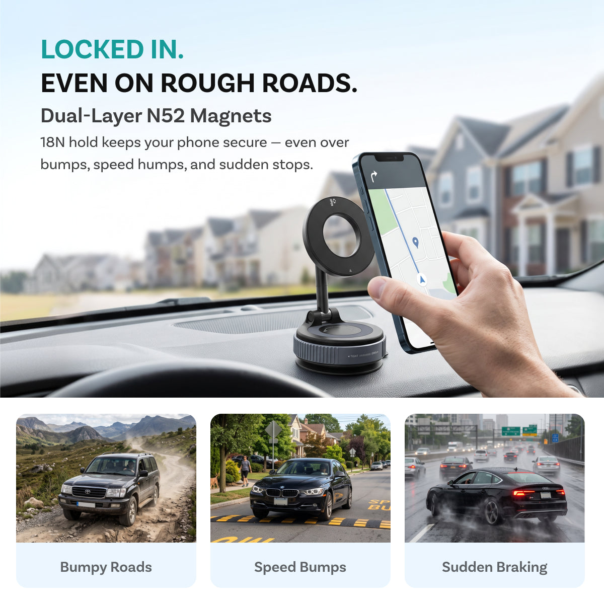 Smartphone displaying map application mounted on dashboard of vehicle driving on various road conditions including bumpy terrain, speed bumps, and wet pavement