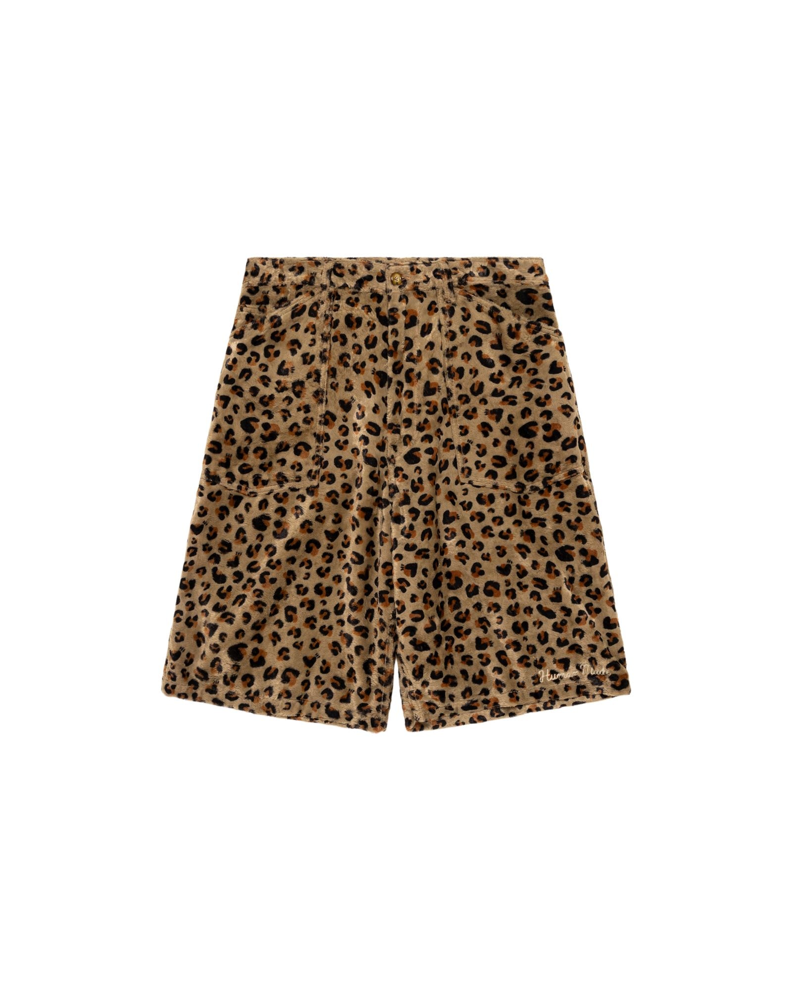 Tan leopard print shorts with black spots, displayed flat lay