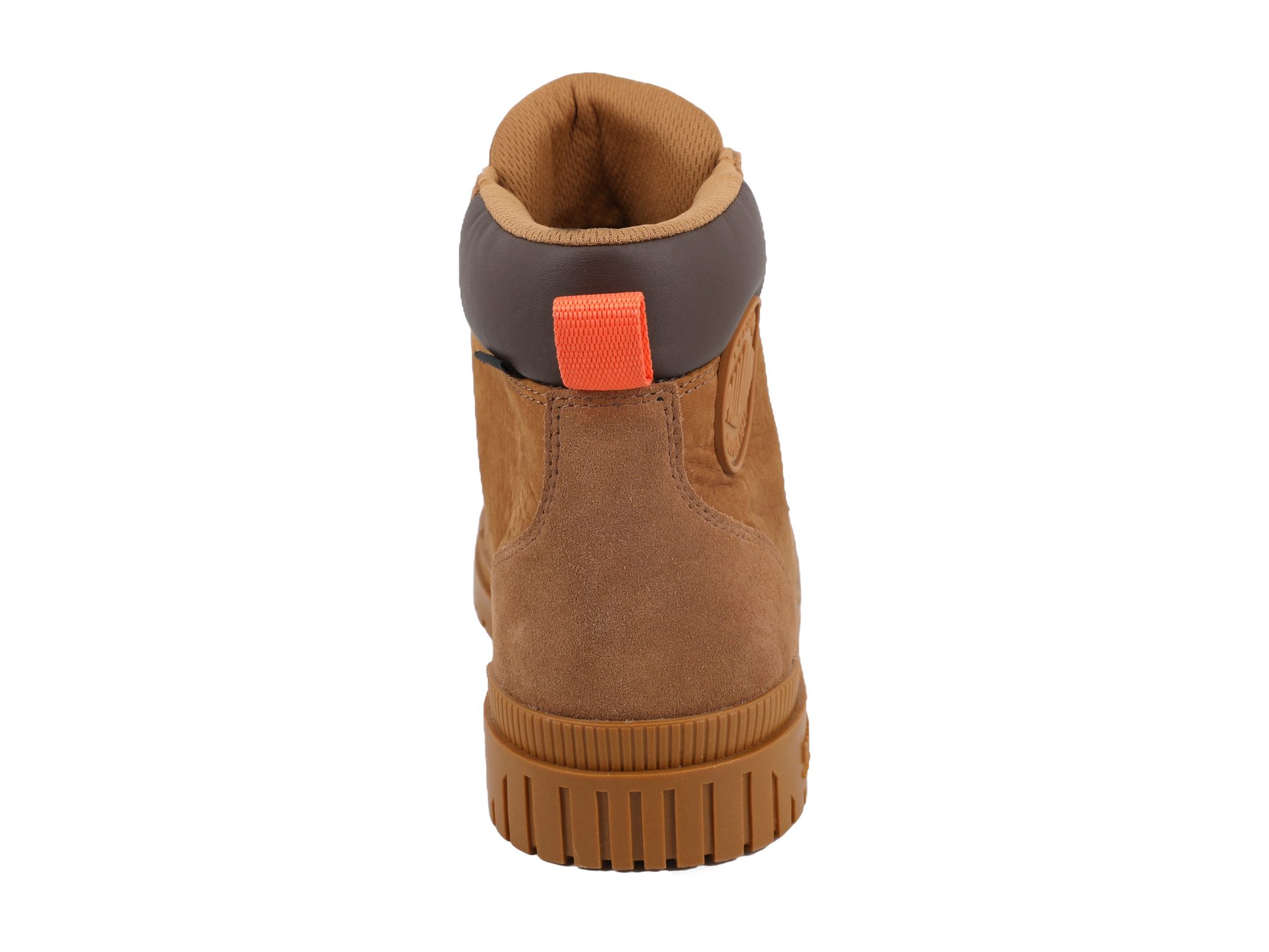 Interior view of tan boot showing brown neoprene collar lining and orange pull tab at heel