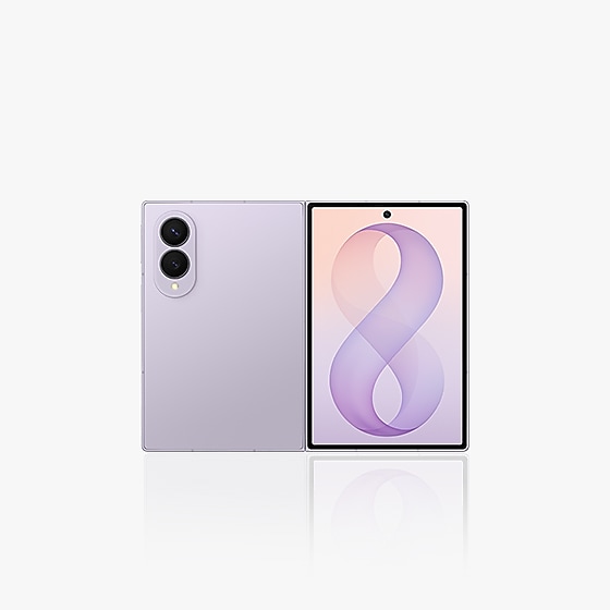 Lavender foldable phone shown open and closed displaying purple abstract wallpaper