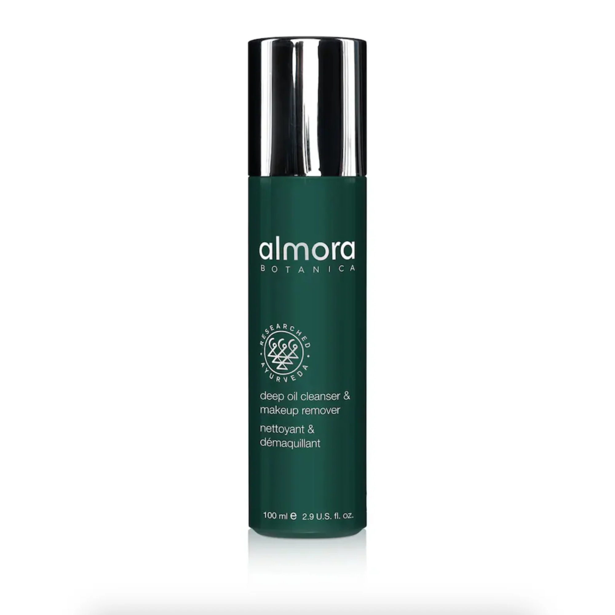 Dark green bottle of Almora Botanica deep oil cleanser and makeup remover
