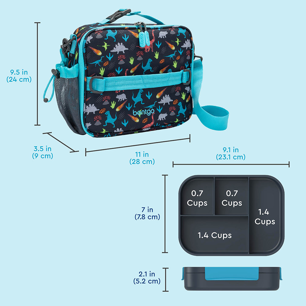 Lunch bag and compartmented tray with detailed dimensions and cup measurements labeled
