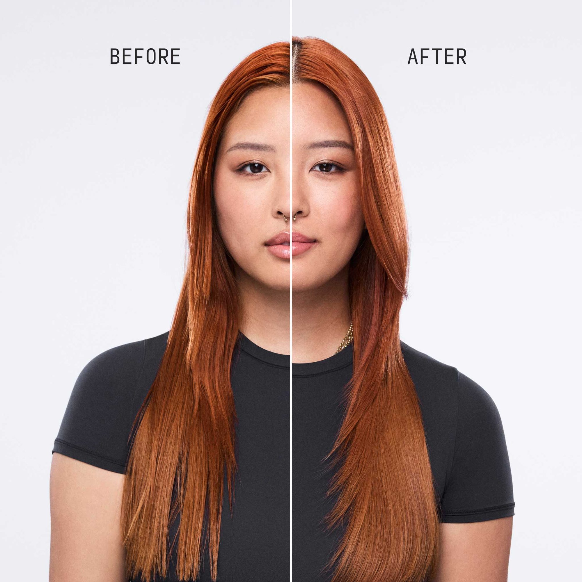 Split image showing woman with reddish-brown straight hair before and after treatment, showing increased volume and smoothness