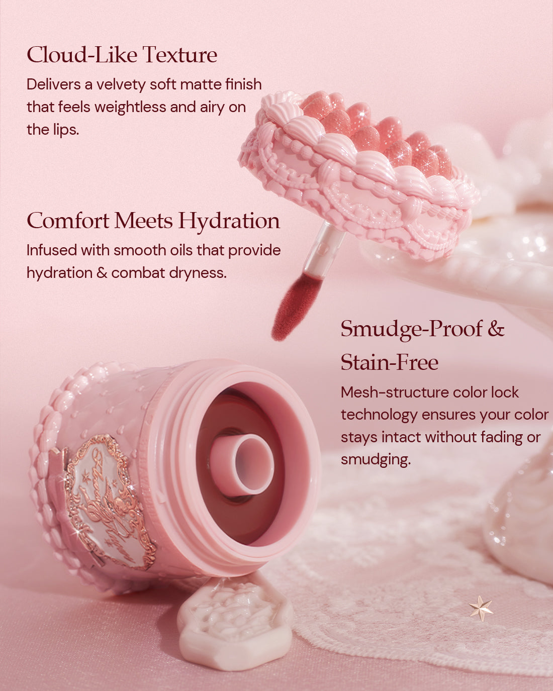Pink lip tint applicator showing cloud-like texture with product details about hydration and smudge-proof formula