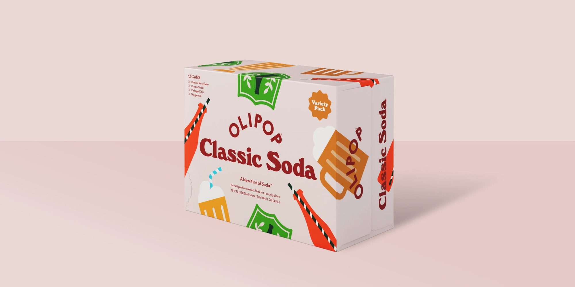 White cardboard box labeled Classic Soda variety pack with colorful fruit and striped graphic design elements