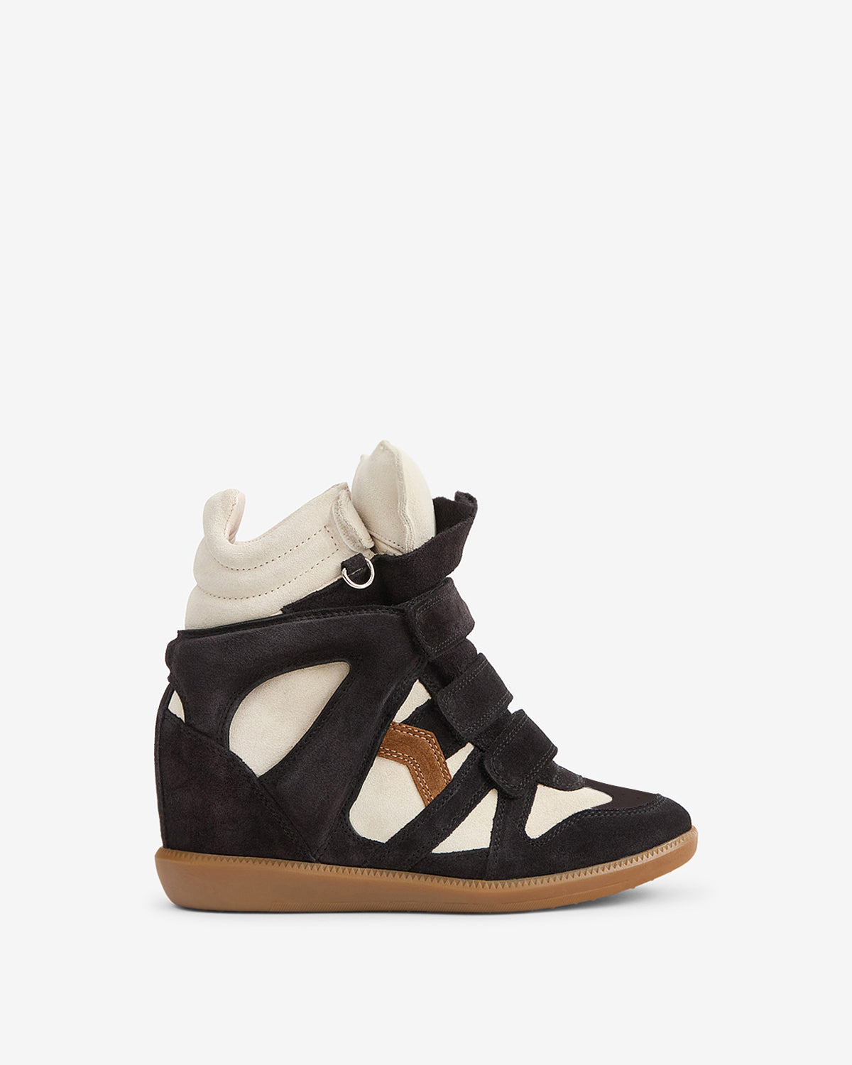 Black and cream suede wedge sneaker with cutout details and tan rubber sole
