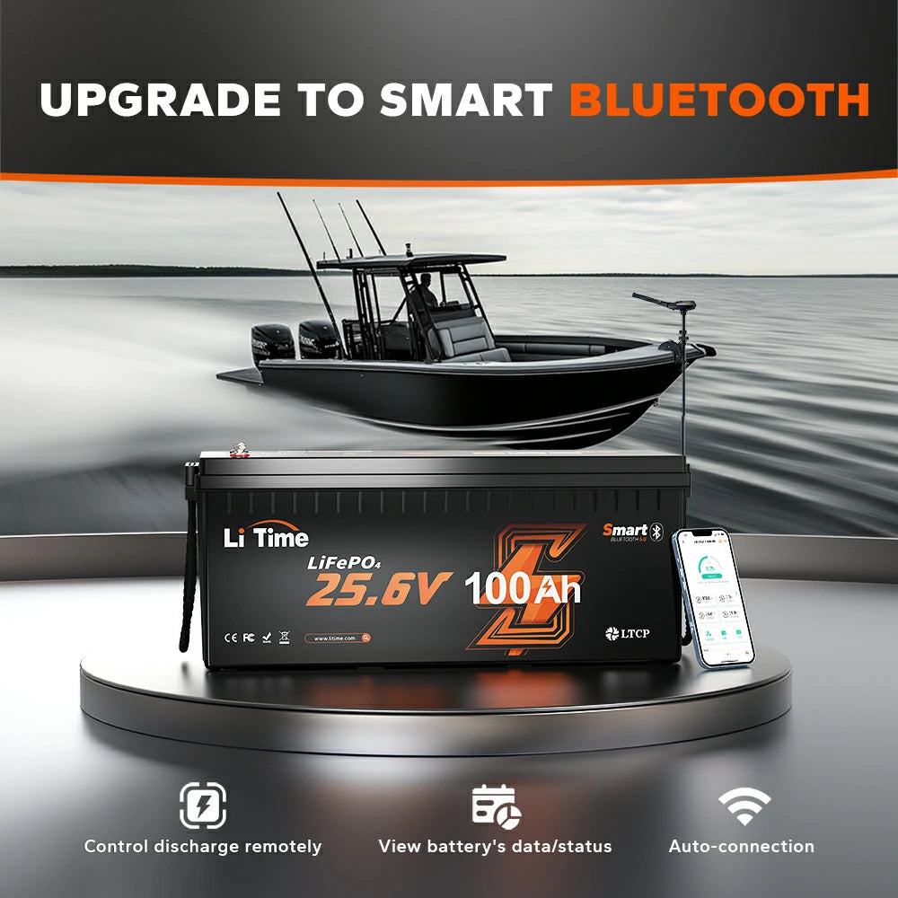 Smart Bluetooth battery displayed next to smartphone showing app connectivity for remote discharge control and battery monitoring