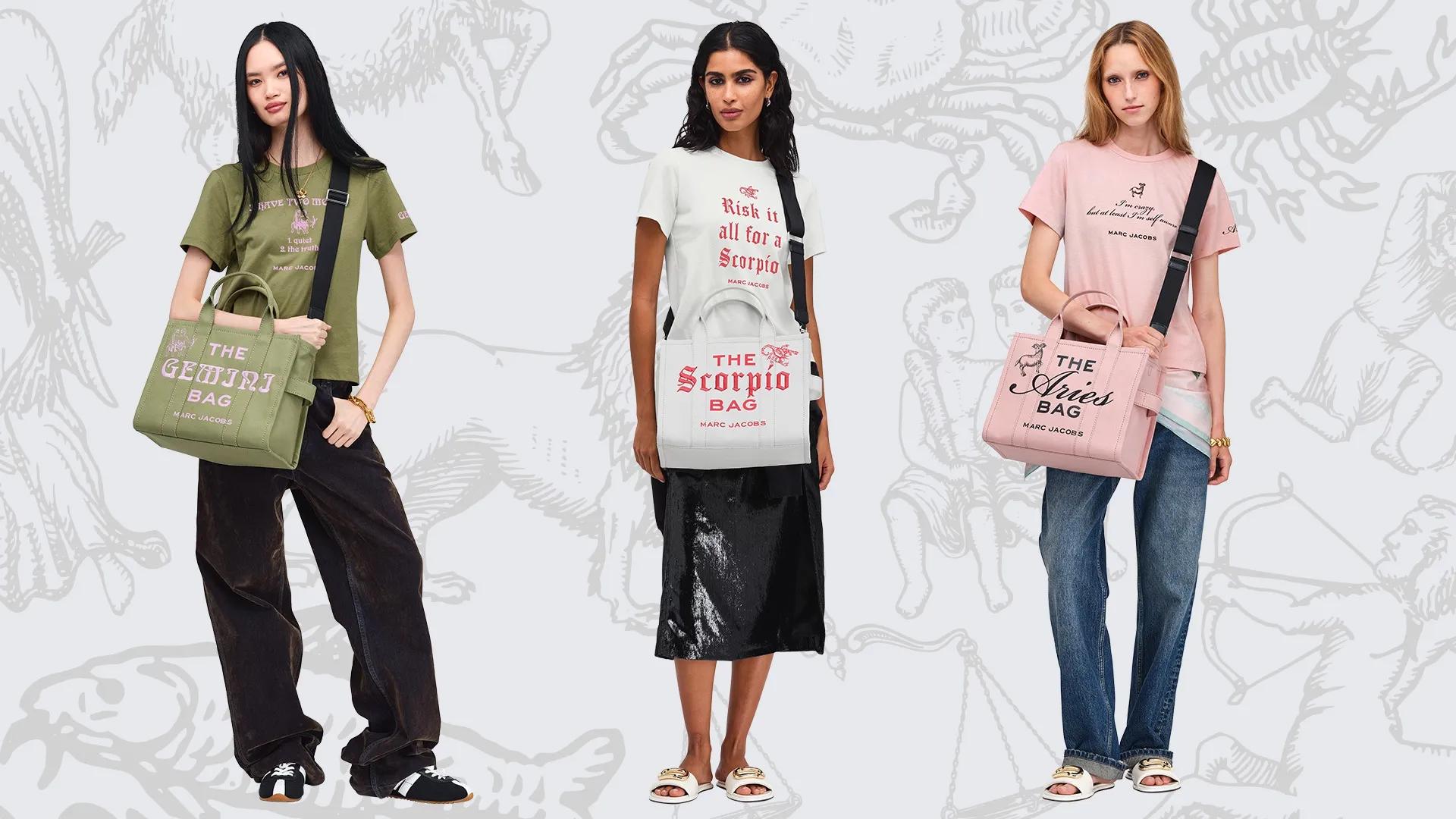Three women modeling graphic t-shirts and tote bags in green, white, and pink colorways
