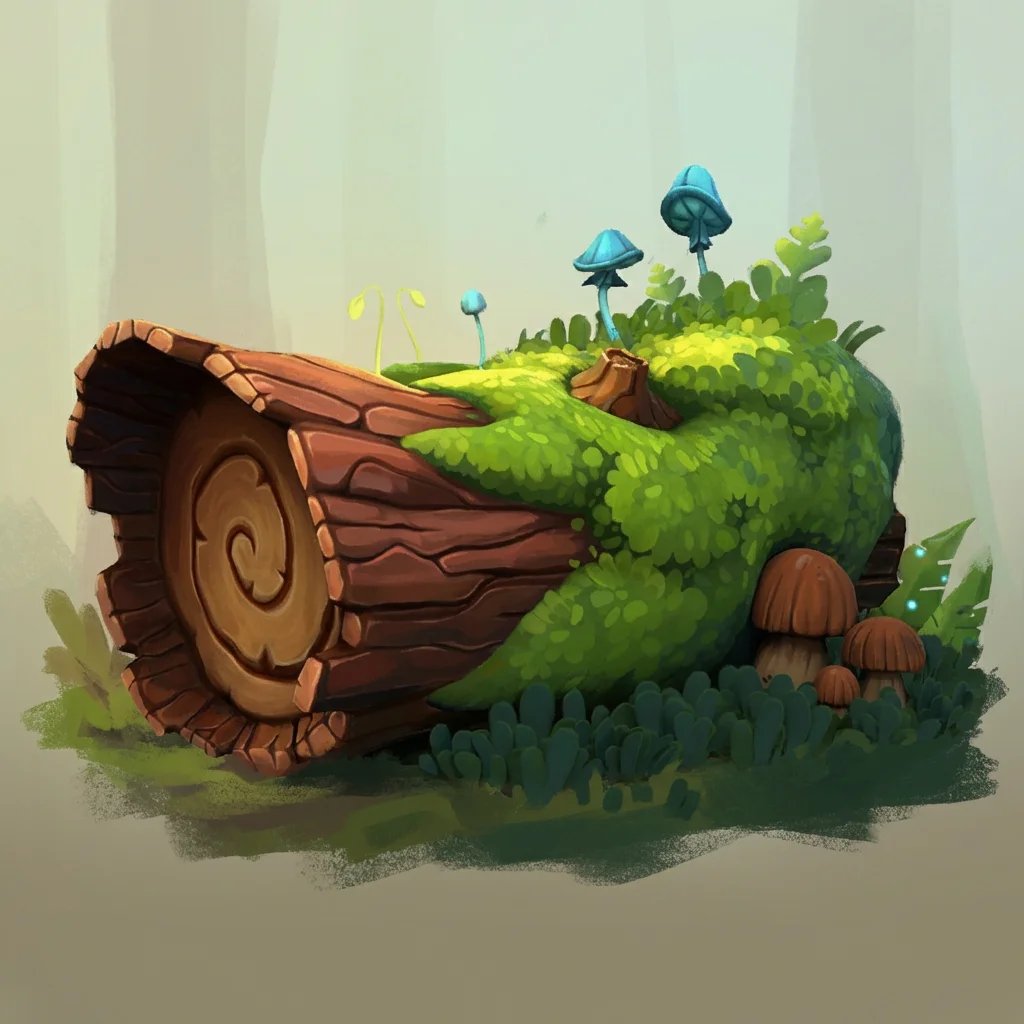 A fallen log covered in moss and vibrant green foliage with blue mushrooms and smaller brown mushrooms growing around it