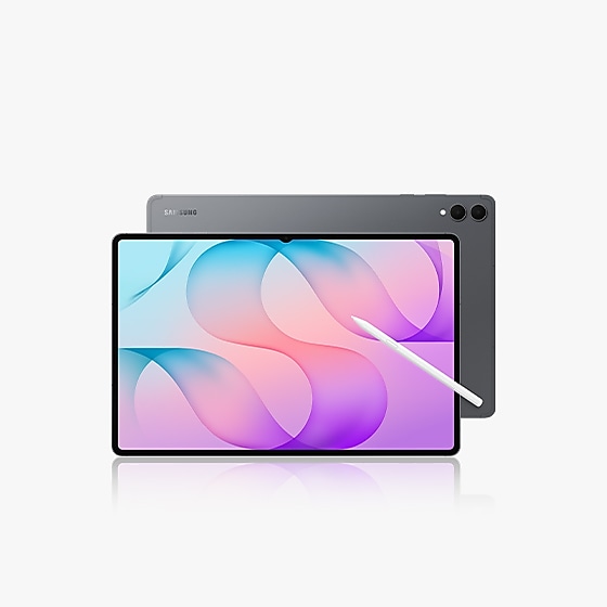 Gray tablet device with stylus showing pink and purple abstract wallpaper