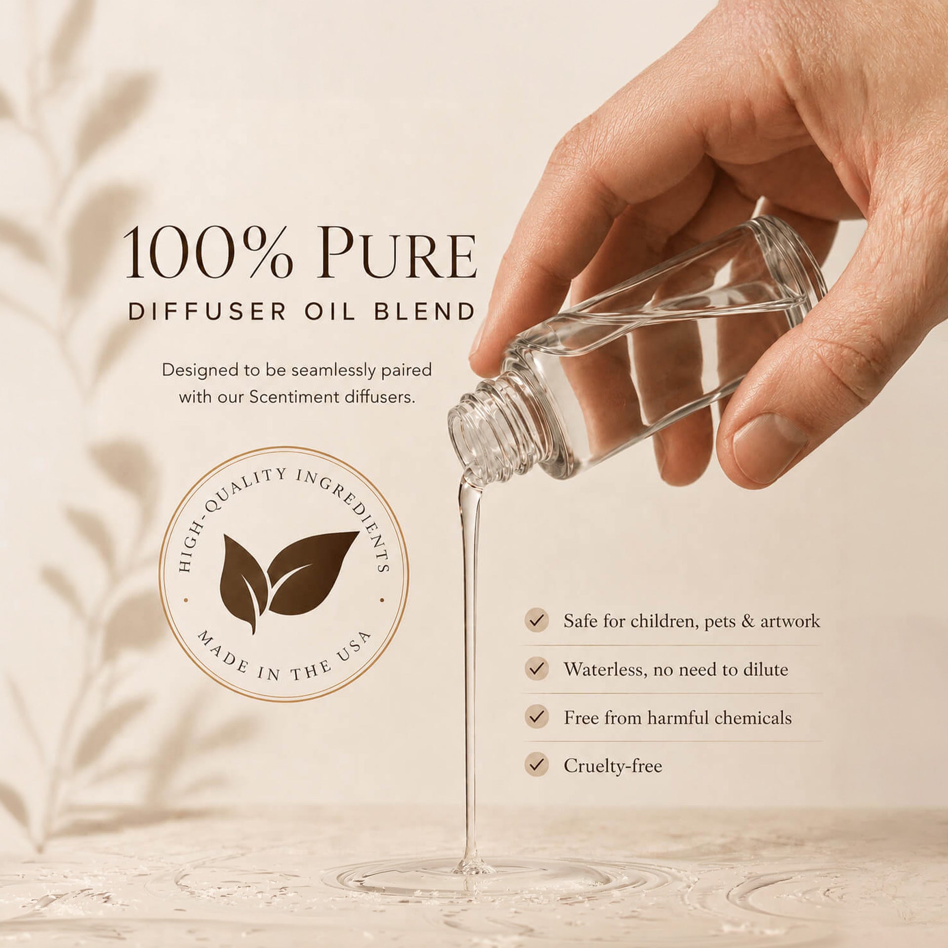 Hand pouring clear diffuser oil from a glass bottle onto a surface, with text describing 100% pure diffuser oil blend and safety features
