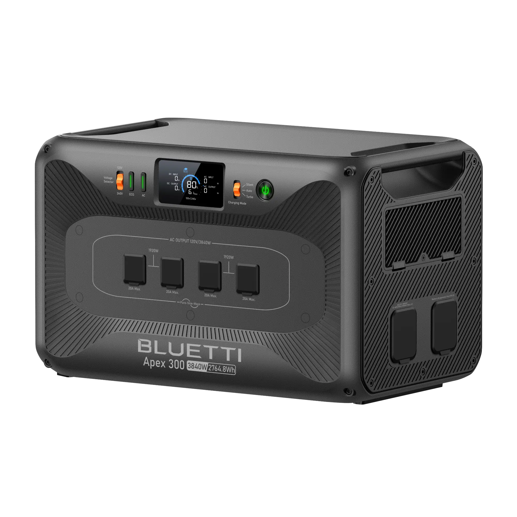 Portable power station with digital display, AC outlets, and control buttons on dark gray casing