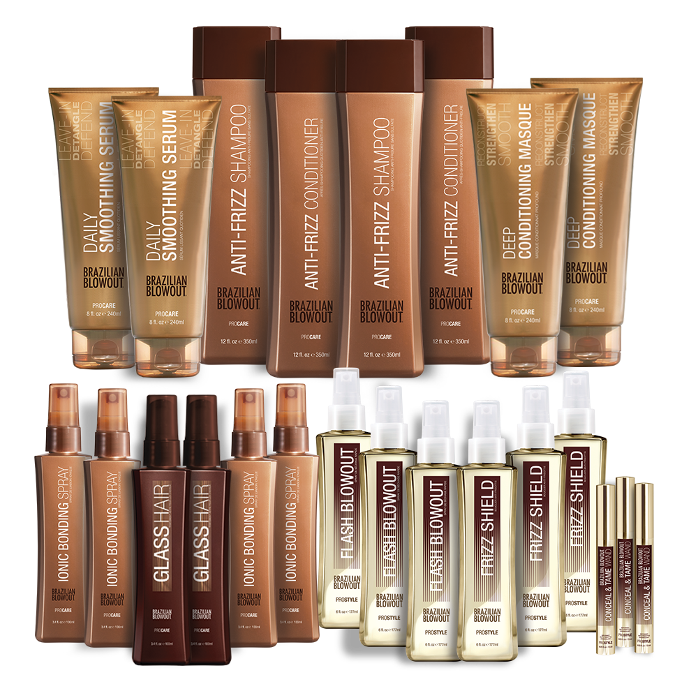 Complete Brazilian Blowout product line including tubes, bottles, and sprays in gold and brown packaging