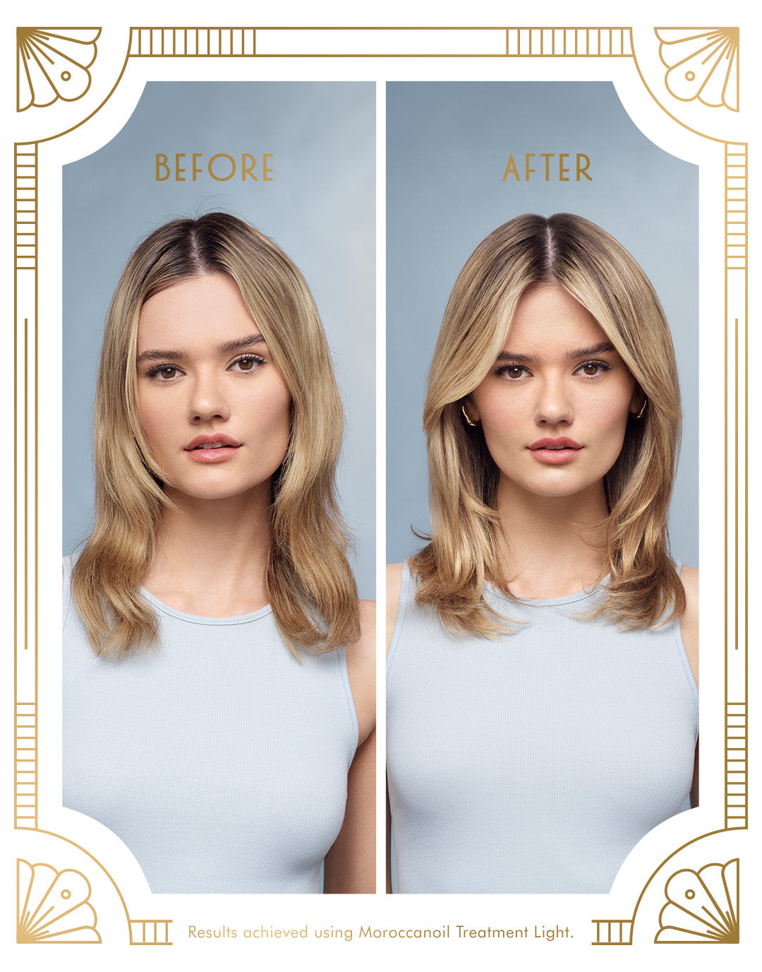 Before and after comparison of medium-length blonde hair with improved smoothness and shine using Moroccan Treatment Light