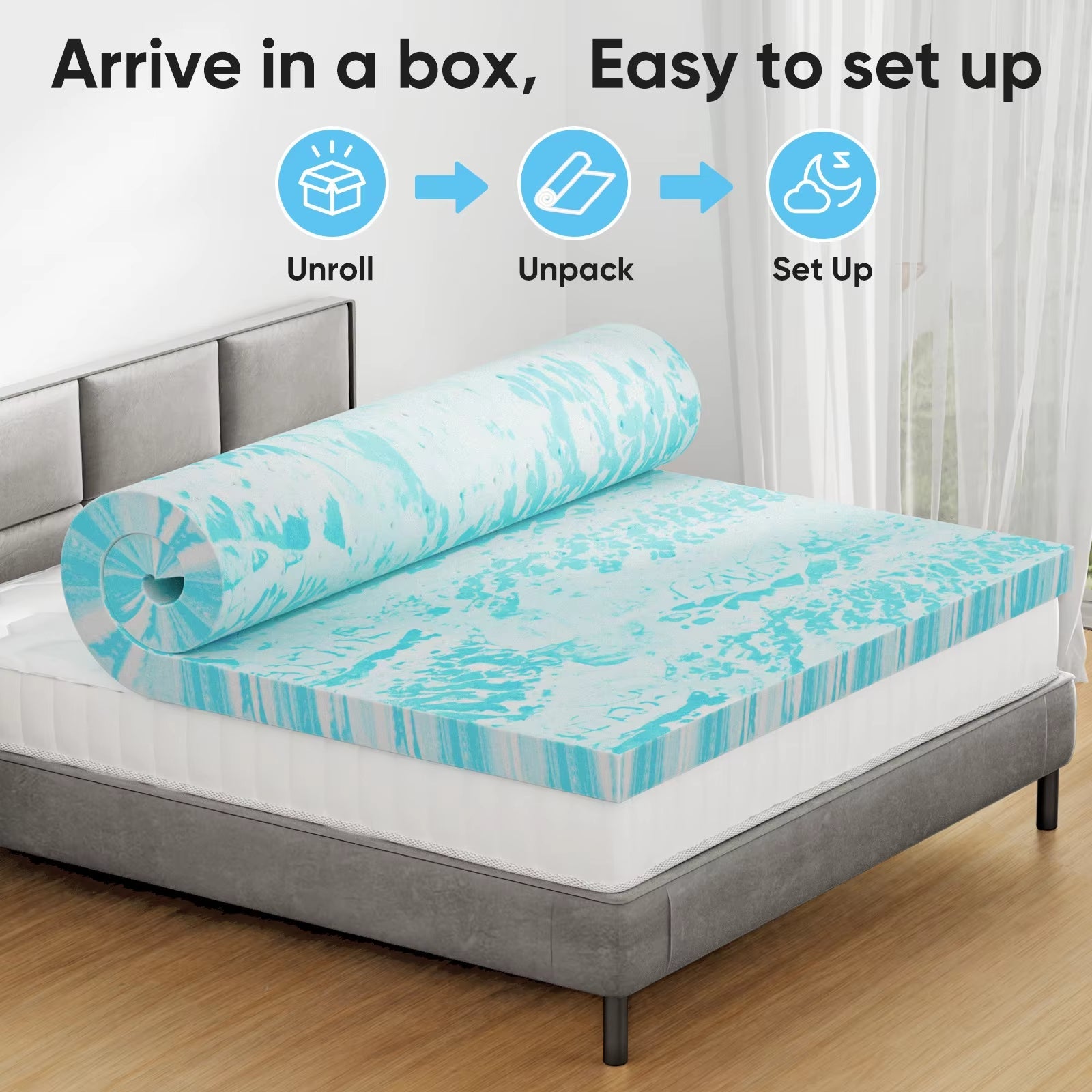 Rolled turquoise mattress topper on bed frame with unroll, unpack, and setup instruction icons