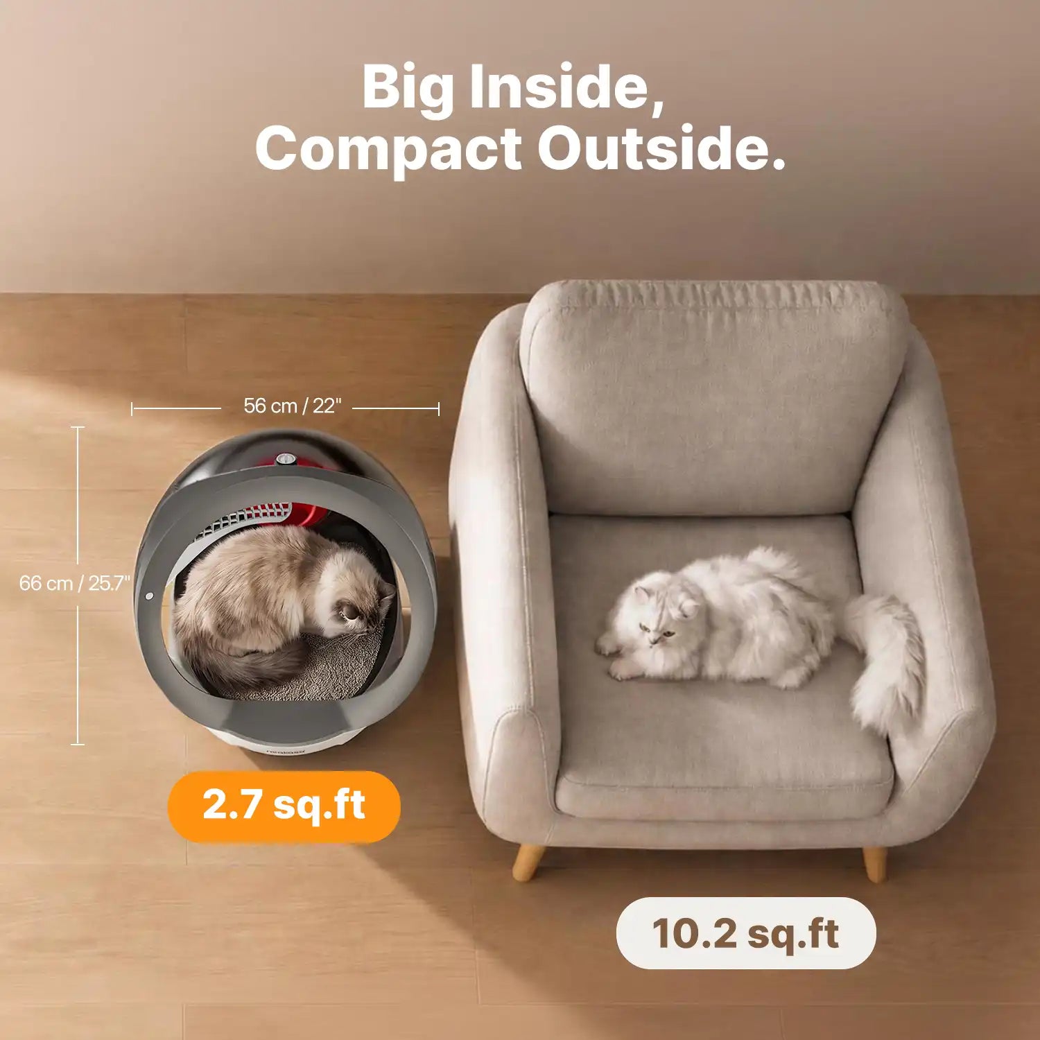 Automatic litter box dimensions compared to armchair, showing 2.7 sq.ft interior versus 10.2 sq.ft chair space