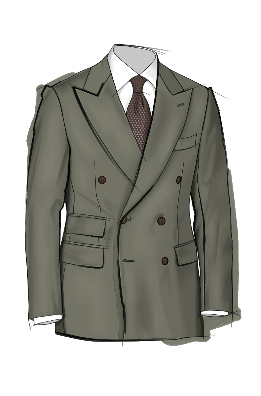 Illustration of olive green double-breasted blazer with brown tie and white dress shirt