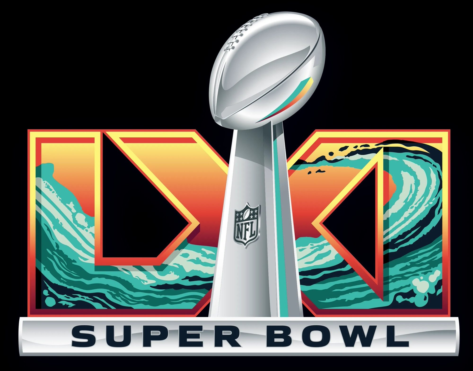 Super Bowl LVIII logo featuring Lombardi Trophy and colorful wave design
