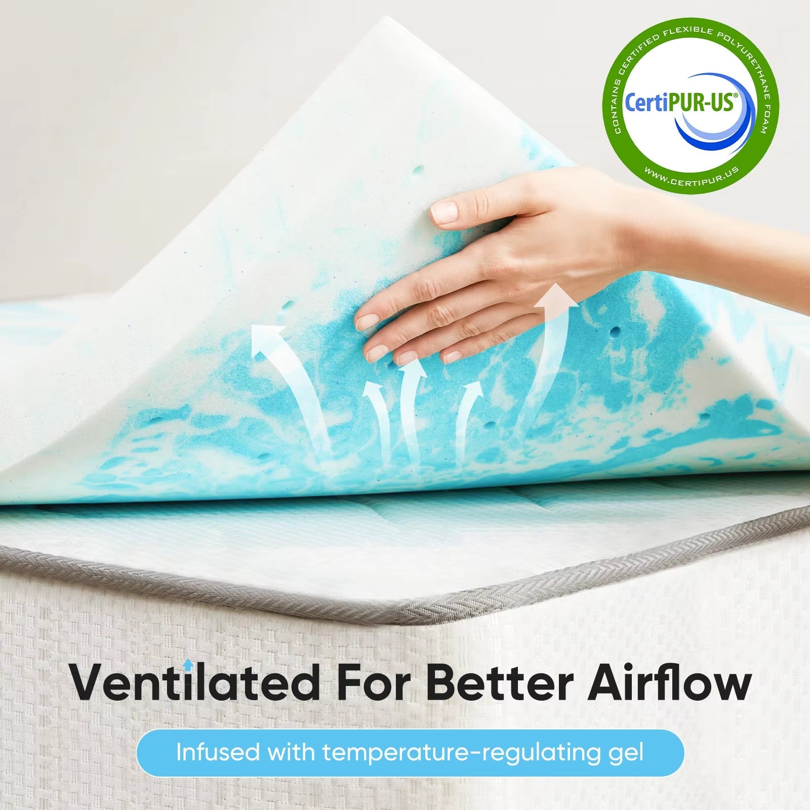 Hand pressing turquoise gel-infused mattress topper showing ventilation arrows and CertiPUR-US certification
