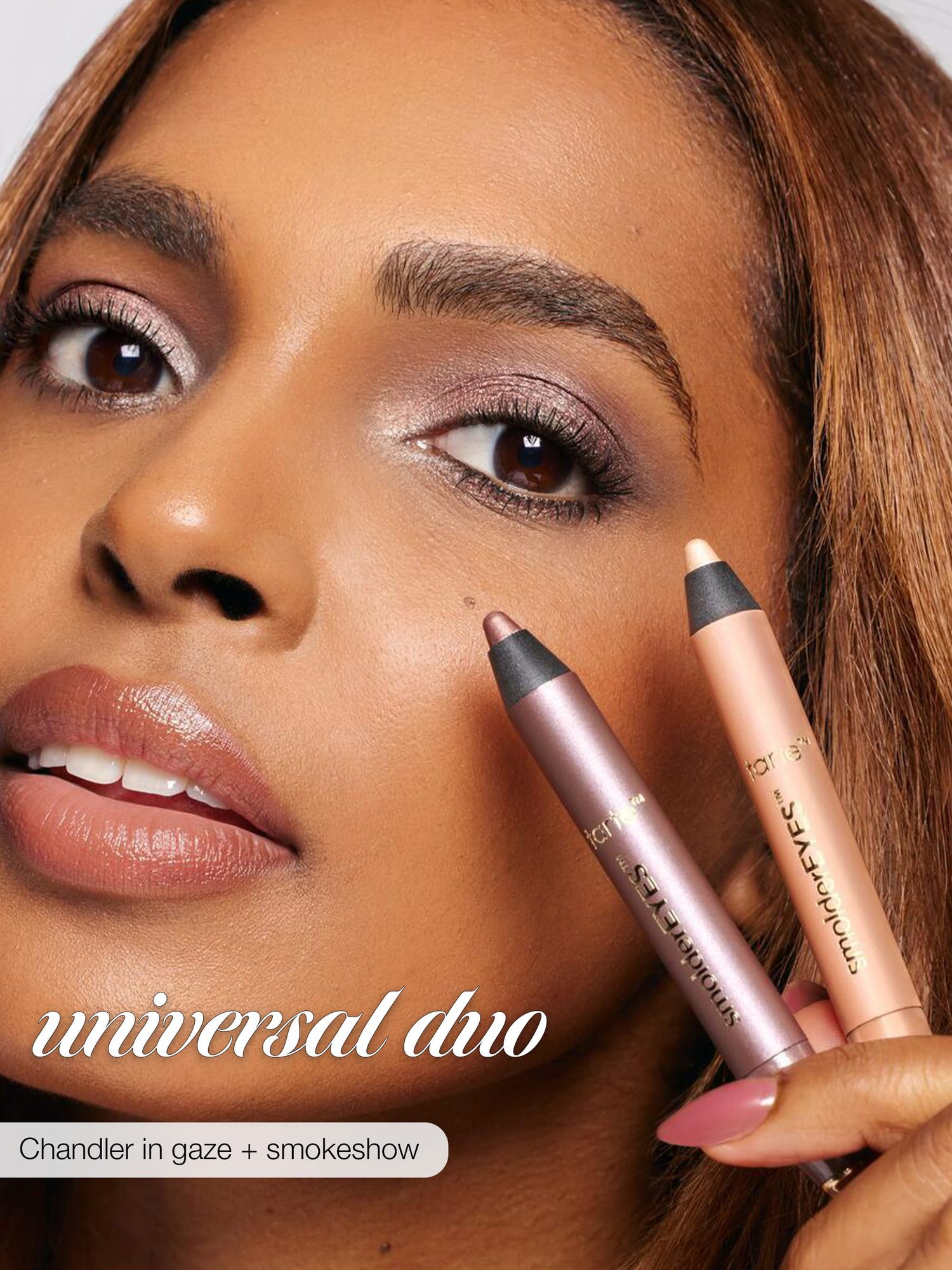 Woman's face displaying eyeshadow and two shimmer eyeshadow sticks labeled 'Chandler in gaze + smokeshow'