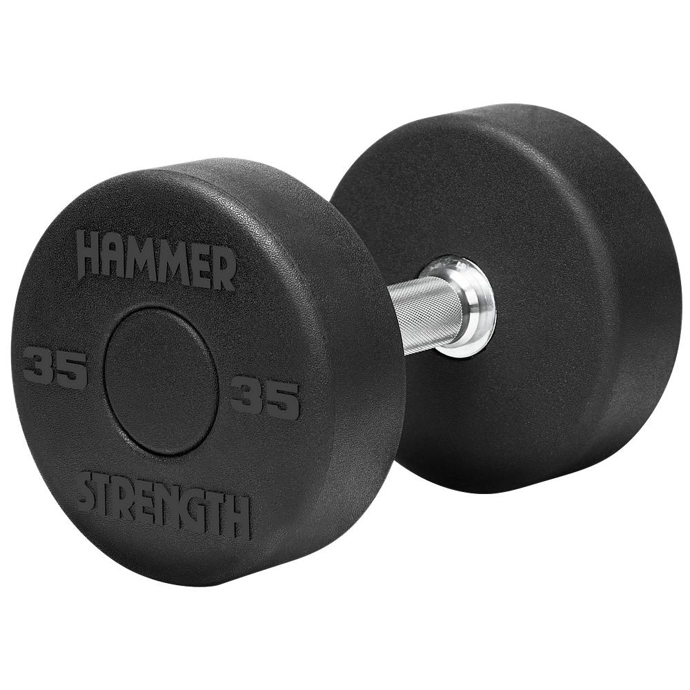 Single black round dumbbell weighing 35 pounds with chrome handle